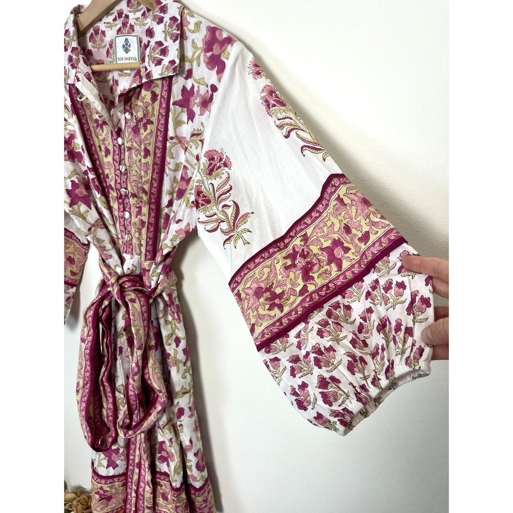 SUE SARTOR Anthropologie Long-Sleeve Flounce Dress Pink Peridot Dahlia Floral L - Picture 8 of 16